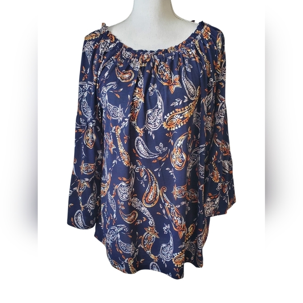 Dear Scarlett Nashville Navy  Orange Paisley Top Long  Sleeve Smock Neck Size M